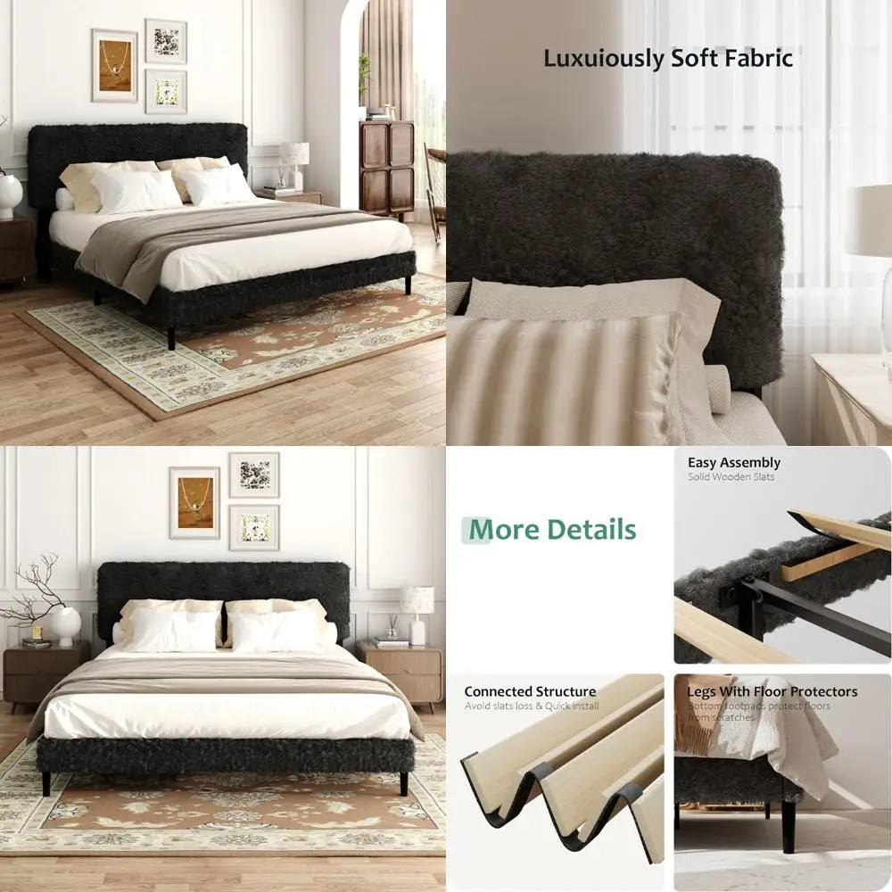 

King-Size Flannel Platform Bed Frame with Adjustable Headboard, Rounded Corners for Safety, No Box Spring Required, Easy Assembl