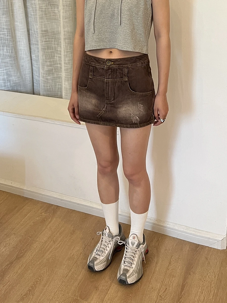 

Vintage Waed Coffee Color Denim Ultra-ort Skirt Pants Command N l Waist Zipper Closure Summer orts Deep Color