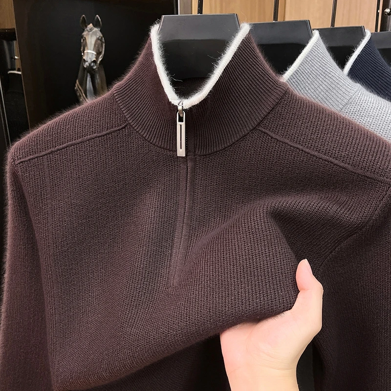 High end half zipper men's knitted sweater autumn winter soft comfort warm stand up collar fashion new casual luxury pullover