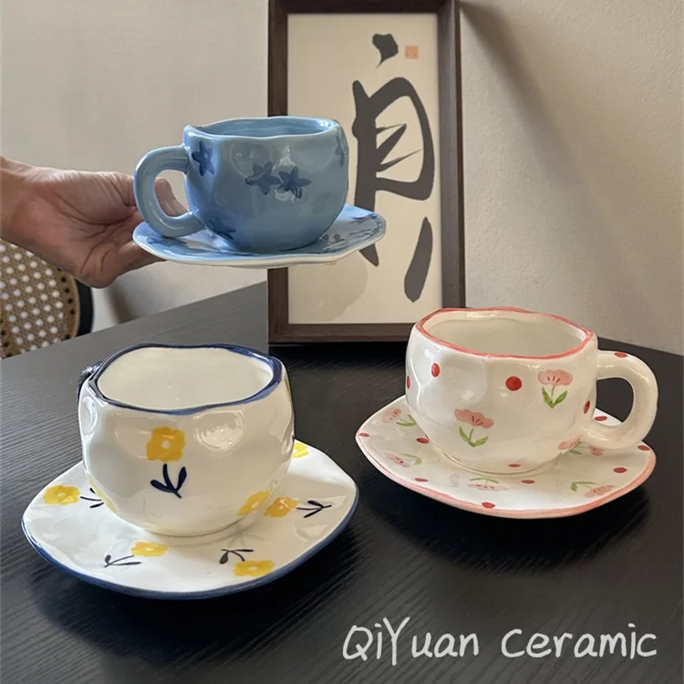 300ML Hand Painted Coffee Mug with Saucer Ceramic Handmade Tea Cup Saucer Set Lovely Gift Irregular Coffee Mug