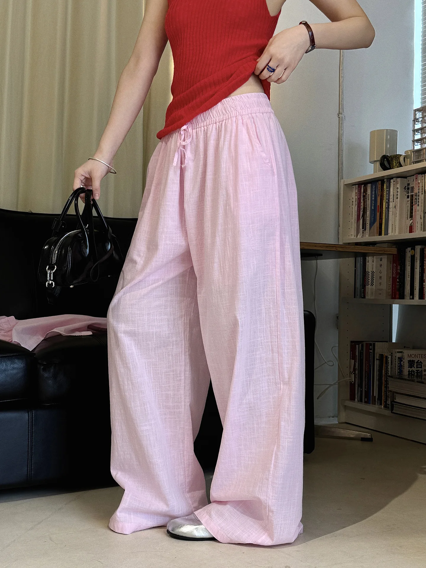 RZIV Summer solid color elastic drawstring straight leg casual pants with loose silhouette for women