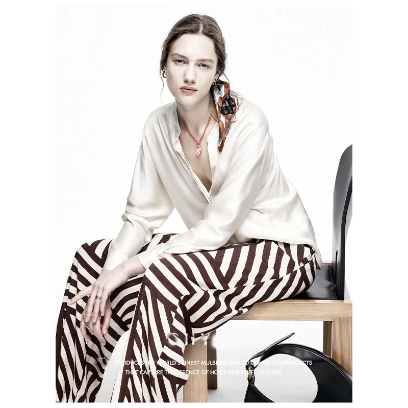 Fengbaoyu High-end Silk Women's Shirt Long-Sleeved V-Neck Elegant Silk Top Loose and Comfortable Fashionable Shirt