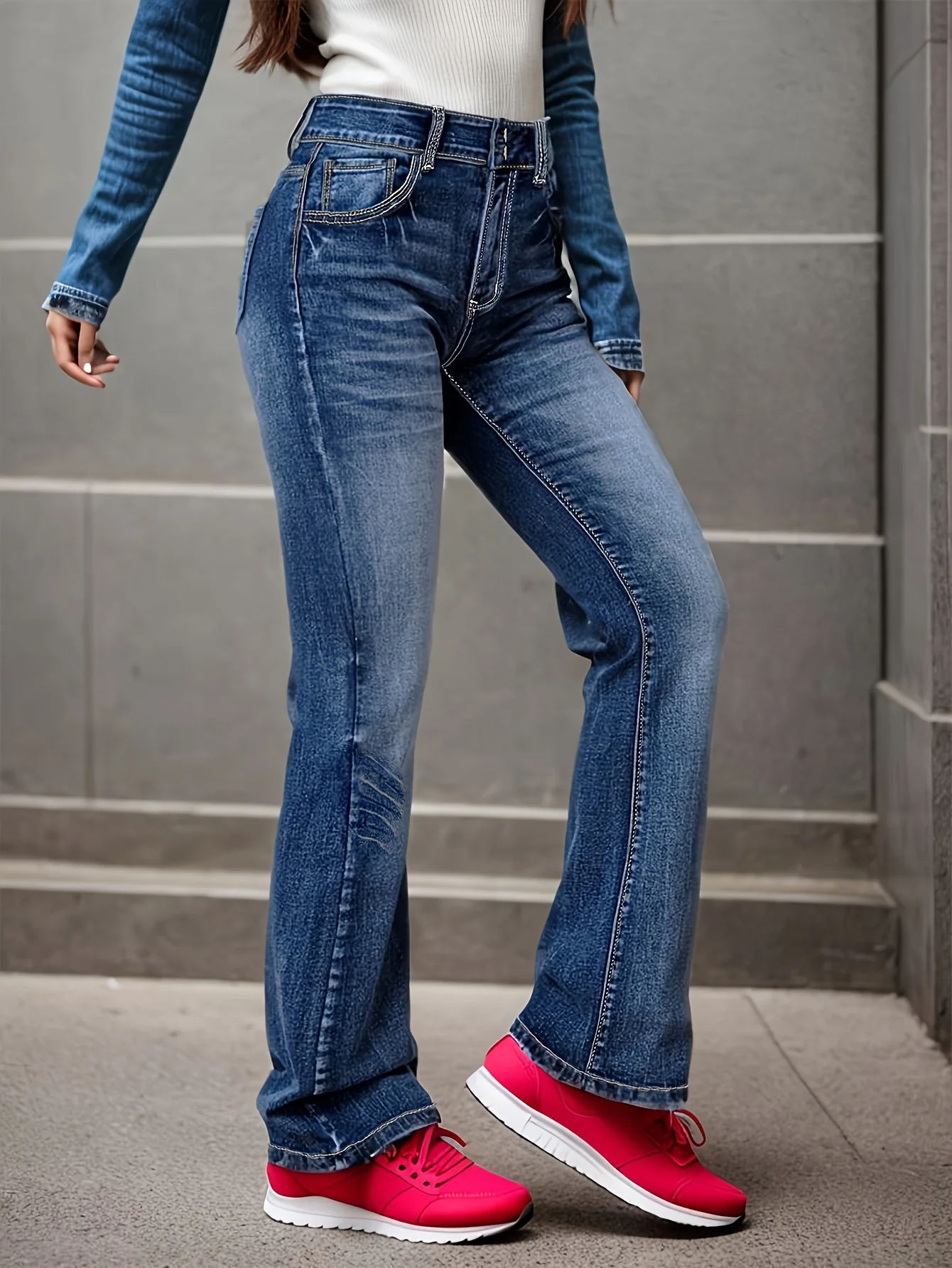 جينز كاجوال ممزق اللحية المتعثرة، جينز عالي المرونة مغسول، سروال واسع بجيب مائل وزر مزدوج