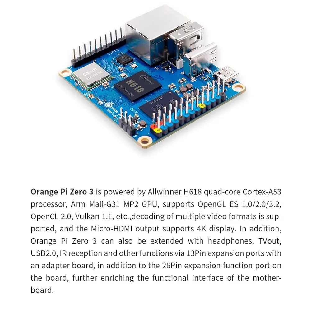 

1/1.5/2/4GB RAM DDR4 Orange Pi Zero 3 Allwinner H618 Bluetooth5.0 Development Board WiFi Bluetooth BLE Development Board