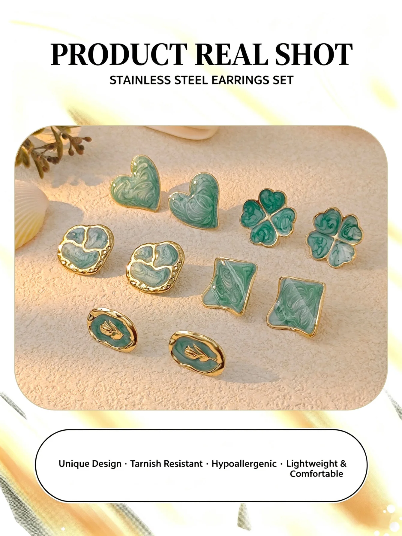 5 Pairs Stainless Steel Stud Earrings Set Green Enamel Heart Square Floral Swirl Pattern Women Daily Trendy Fashion Ear Jewelry