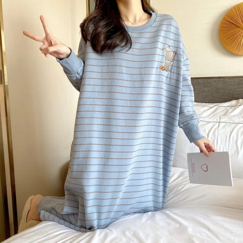 

Female Nightgown Cartoon Long Sleeve Knit Cotton Thickened Fleece Warmth Autumn Winter Wearable Lady Women Sleepwear Loungewear