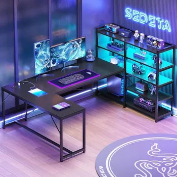 Gevormd gamingbureau, omkeerbaar computerbureau van 64,5 inch met stopcontact en boekenplank, hoekspeeltafel met LED-verlichting, opbergruimte