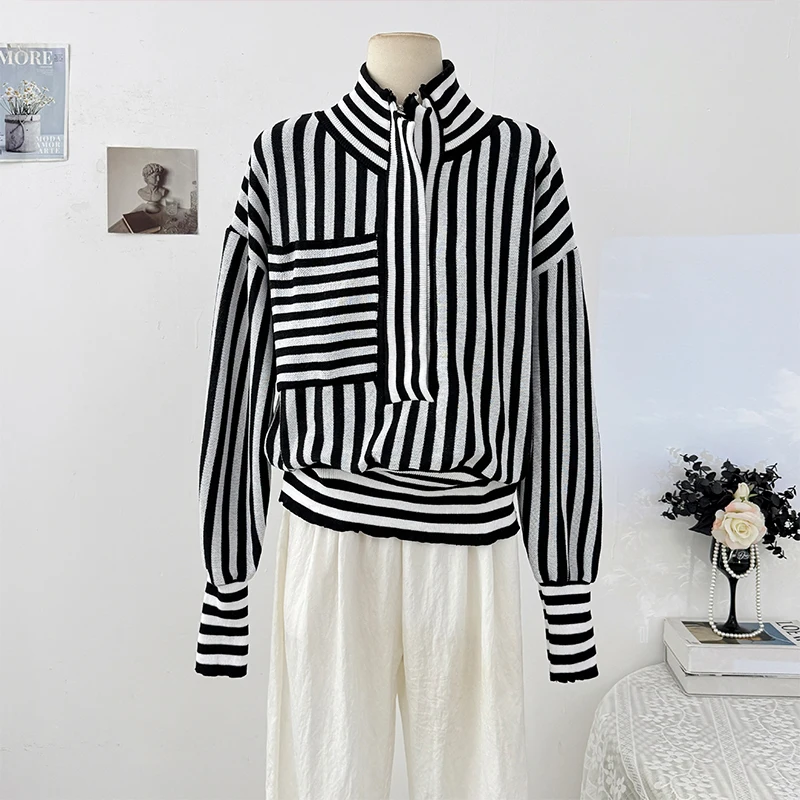 

French Style Fashion Half Zippers Striped Knitwear Women's Stand Collar Long Sleeve Retro Sweater Autumn Loose Casual Knit Tops