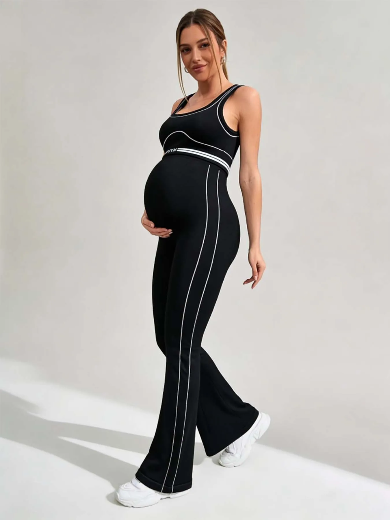Women's Maternity Flare Pants Black White Trim High Waist Yoga Pants Stretchy Pregnancy Workout Leggings