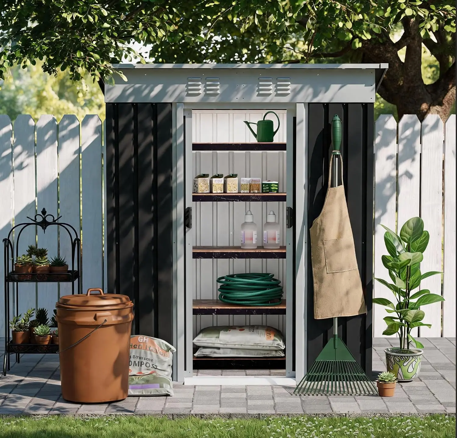 5x3FT Steel Outdoor Storage Shed Metal Garden Tool Shed Lockable Door Sloped Roof Backyard Grey, Customized