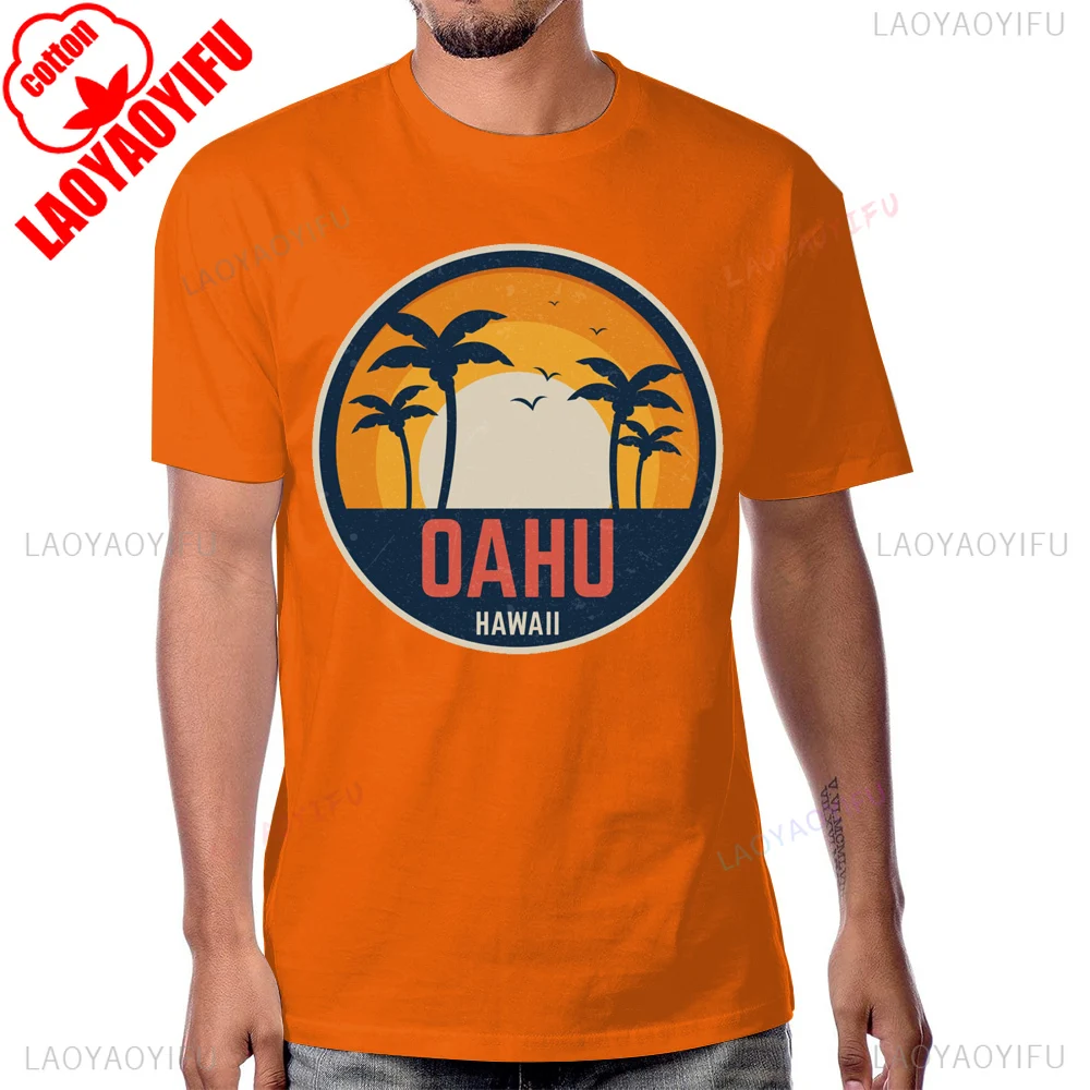 شجرة جوز الهند شاطئ الغروب OAHU هاواي تي شيرت تقليدي الصيف نمط قصير الأكمام رجل التي شيرت Harajuku التنفس الراحة القطن تيز