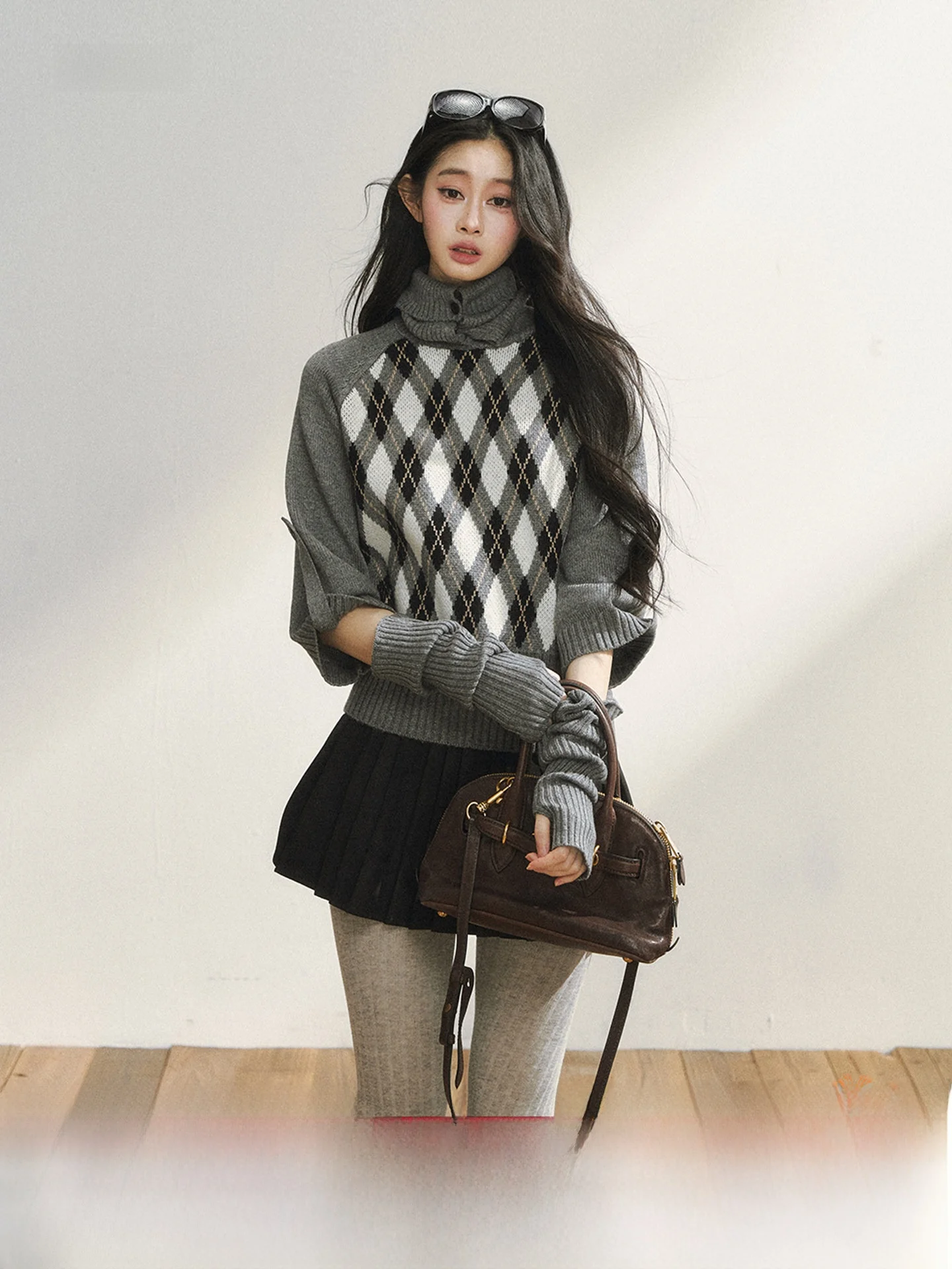 

7iftin облегающий вязаный свитер с ромбовидным узором в стиле ретро Midi Sve College Sle, женский модный высокий воротник, обычная длина