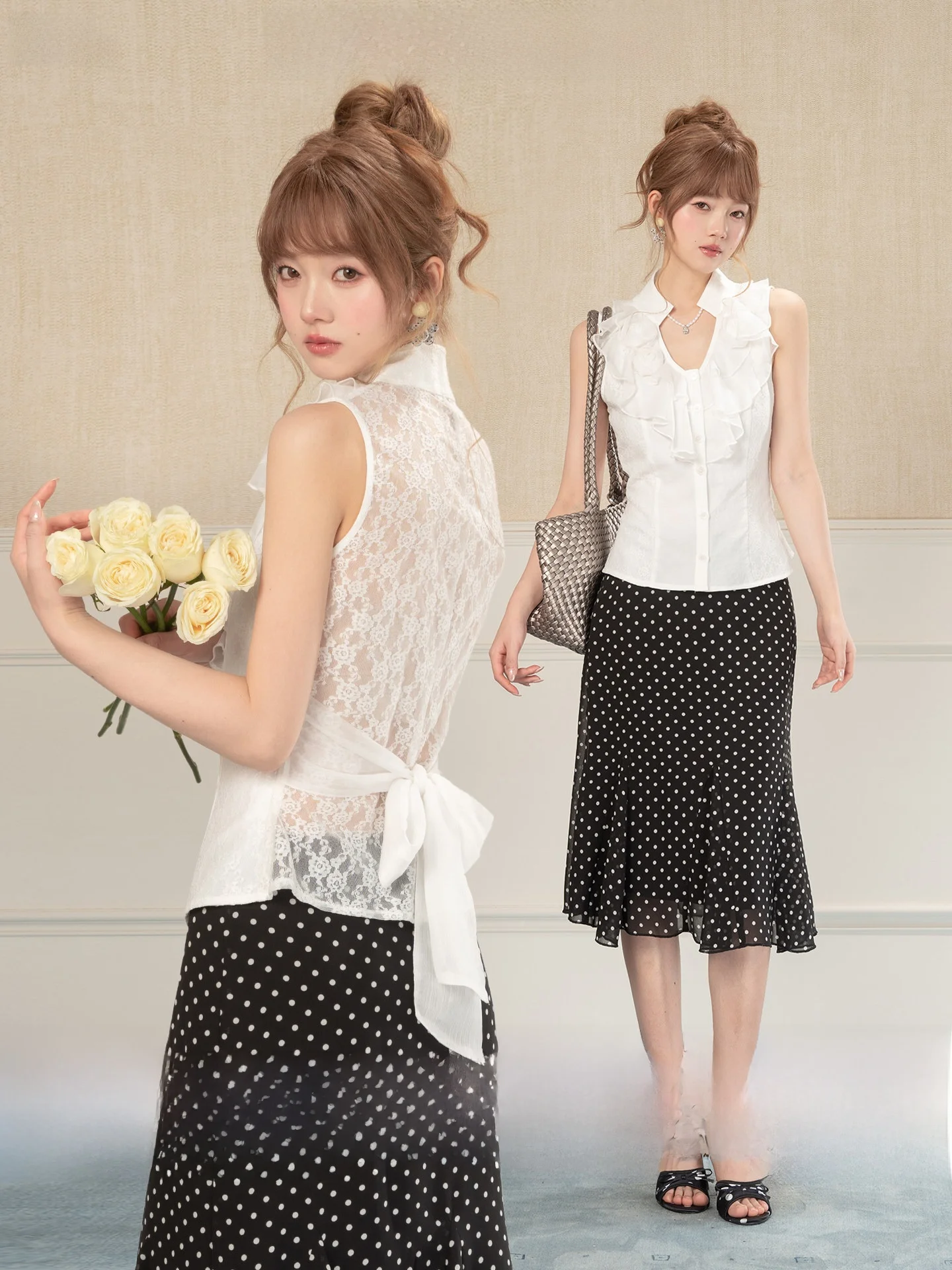 

White Lace Flower Sleeveless Shirt Women Summer Back Hollow out Belted Heynew Casual Loose Polyester Shirt No Sleeve Top