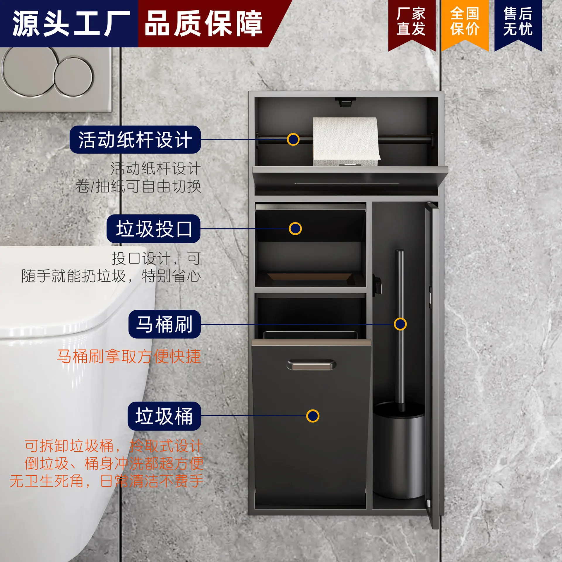 Finished Stainless Steel Recessed Bathroom Niche Tissue Box Trash Can Multi-layer Storage Shelf for Toilet Wall