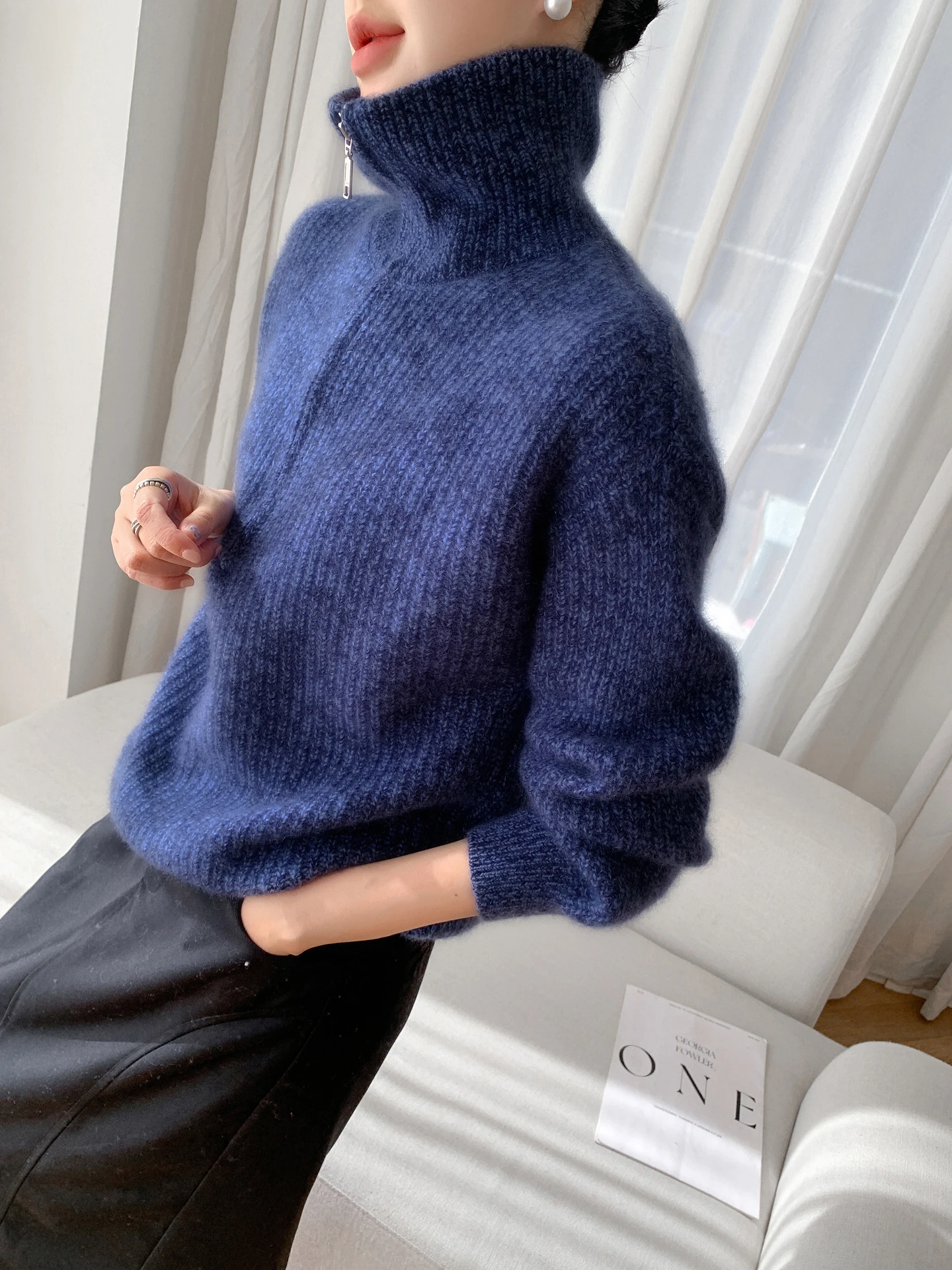 

Зимний свитер из чистого кашемира с высоким воротником и полумолнией, женский высококачественный толстый свитер с большими лацканами осенью и зимой