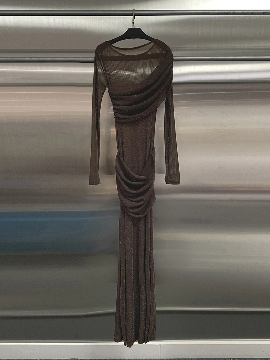 CHICEVER 커피 스플라이스드 폴드 파티 드레스 여성용 O넥 긴 소매 슬림 빈티지 문학적 여성 드레스 패션 스타일 신상품