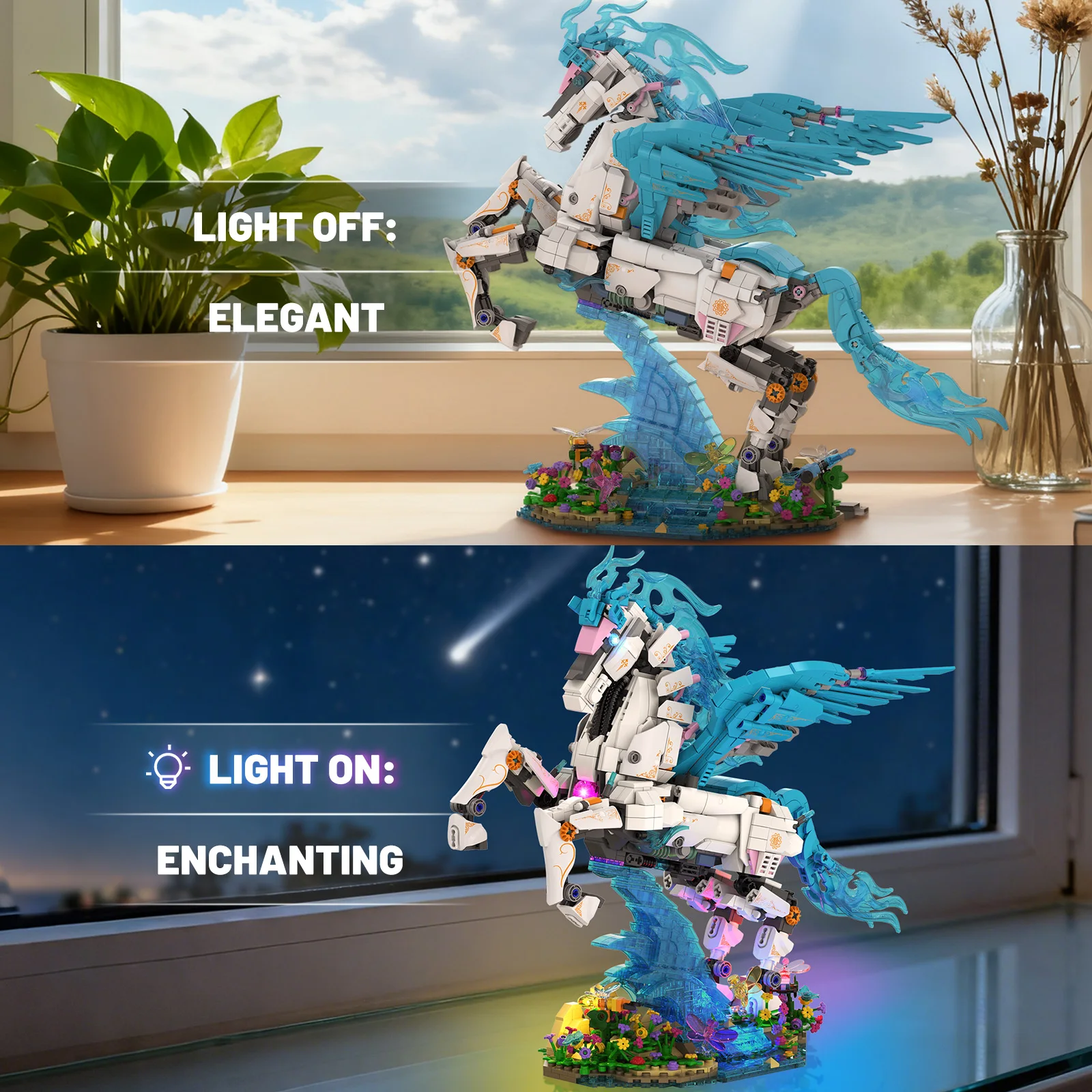 

Lighting components, mechanical Pegasus building blocks set, home decor, creative building toys, animal models, birthday gifts