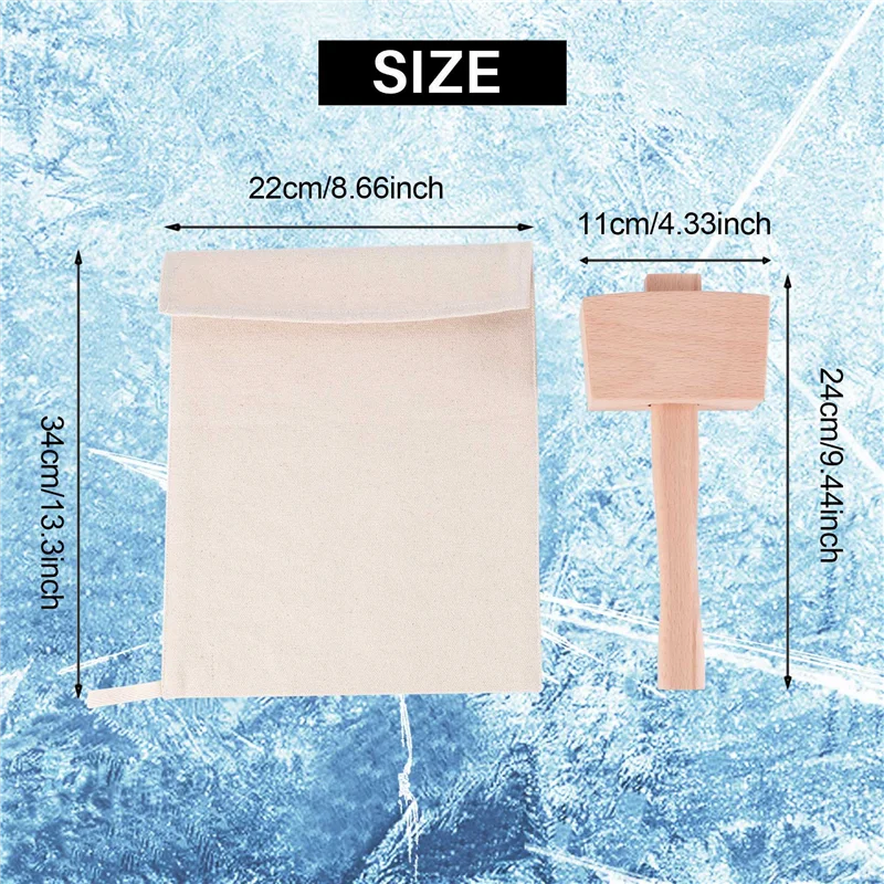 Pack of 2 Bags and 1 Piece Ice Mallet Set-Reusable Canvas Crushed Ice Bags with Wooden Mallet for Home Bar