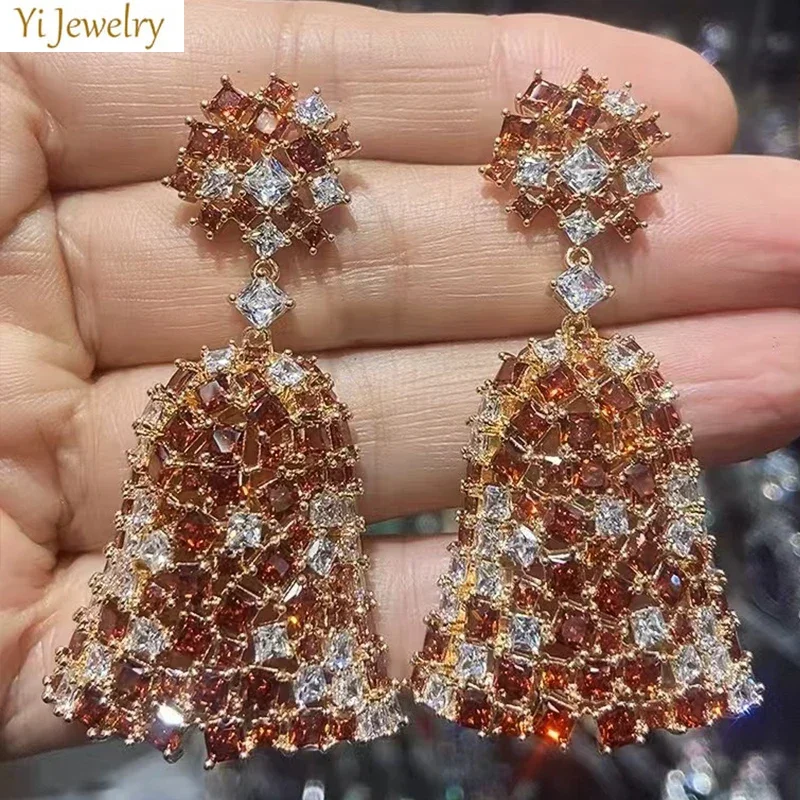 Gorgeous Earrings for Women Luxury Jewelry Wedding Evening Party Shiny Zircon Purple Red White Big Bell Dangle Earrings Gift