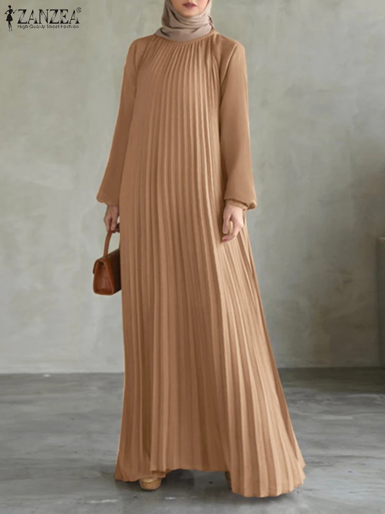ZANZEA Autumn Pleated Sundress Fashion Women Long Lantern Sleeve Muslim Dress Abaya Islamic Maxi Robe Dubai Hijab Dresses Kaftan