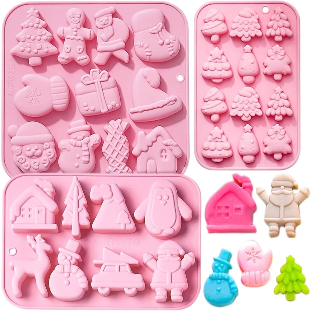 

3 упаковки рождественских силиконовых форм для выпечки, рождественской елки, праздничных силиконовых форм, форм для мыла, конфет для шоколада, желе, снеговика, имбиря