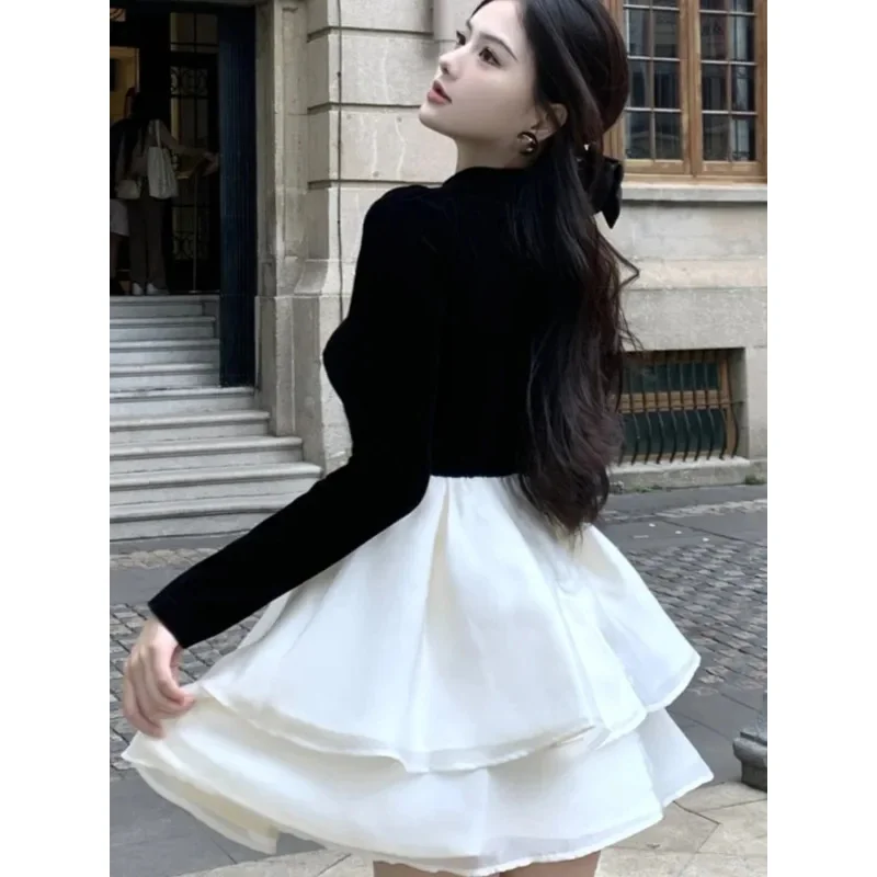 Y2k mini vestido de princesa feminino veludo retalhos em camadas babados a linha outono primavera elegante vintage festa à noite vestidos mujer