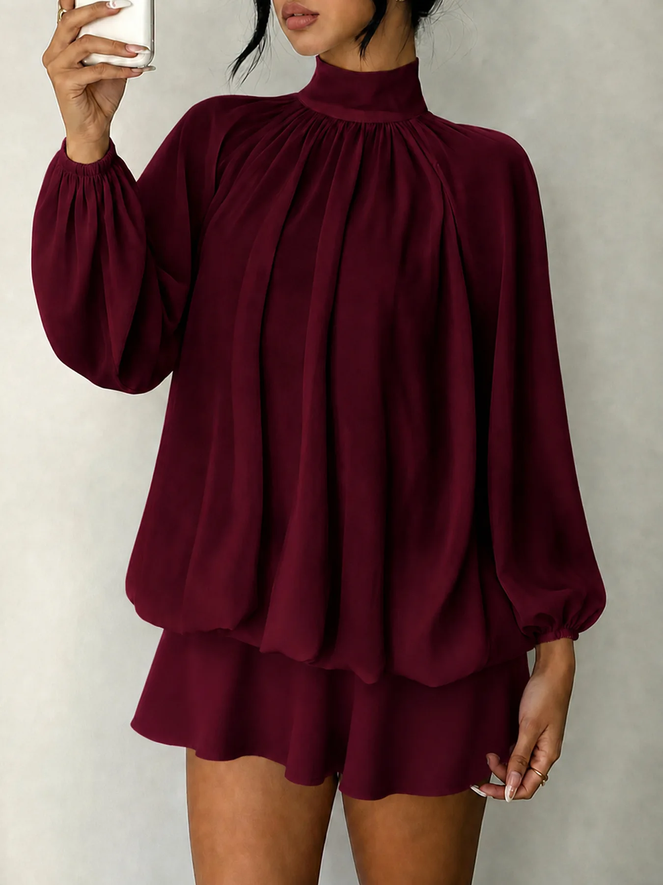 2026 Damen Hochgeschlossenes Plissiertes Chiffon-Kleid mit Langen Ärmeln und Rüschensaum Mini Elegantes Swing-Kleid für Büro, Party, Hochzeitsgast und Urlaub Trendig – Detail 13