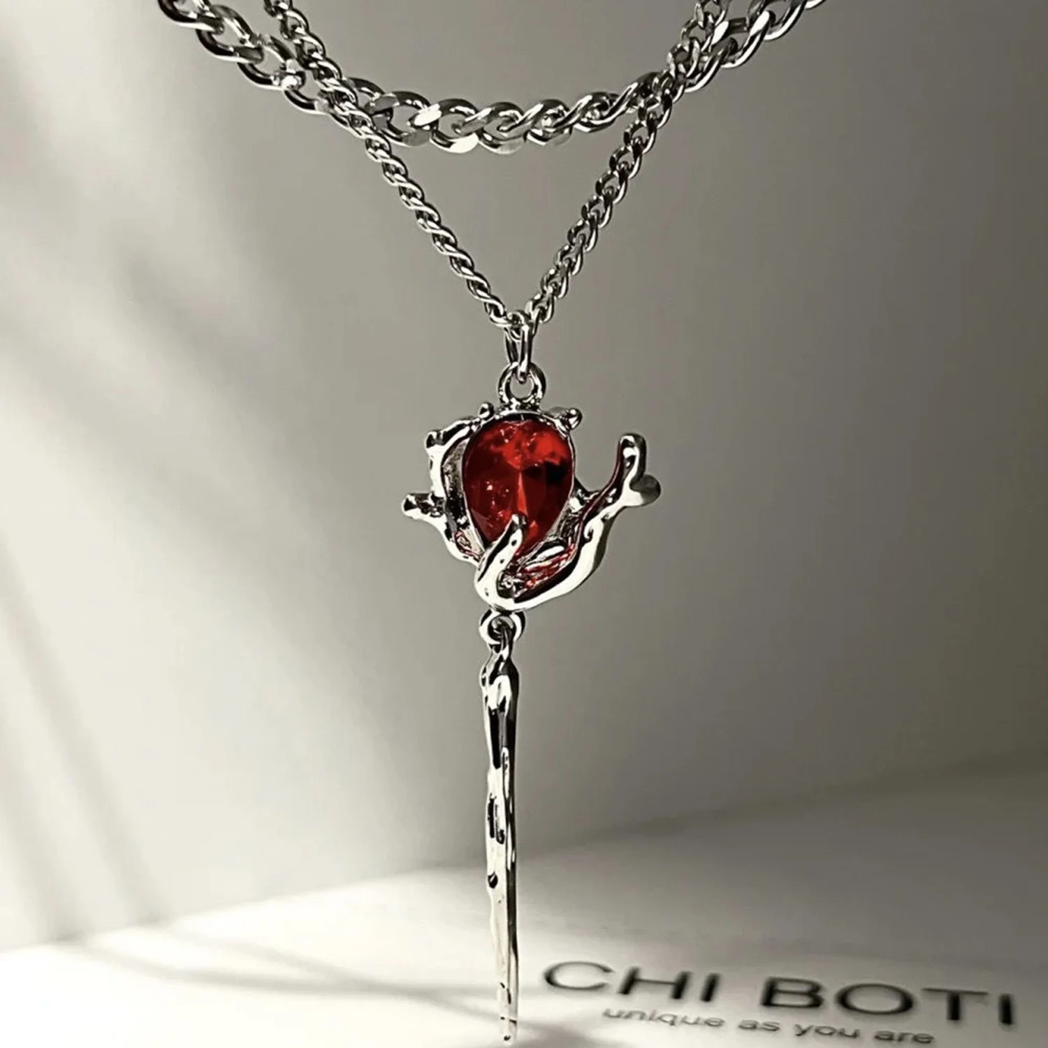 Double Layer Red Zircon Rose Pendant Necklace Y2K Layered Flower Stone Chain Necklaces Irregular Floral Egirl Necklace