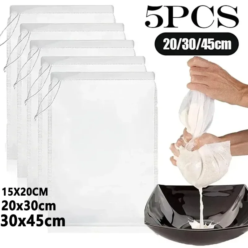 

1/5Pcs Reusable Nut Milk Bags Strainers Unbleached Nylon Cheesecloth Bag Food Cheese Yogurt Filter Kitchen Fine Mesh Strainer
