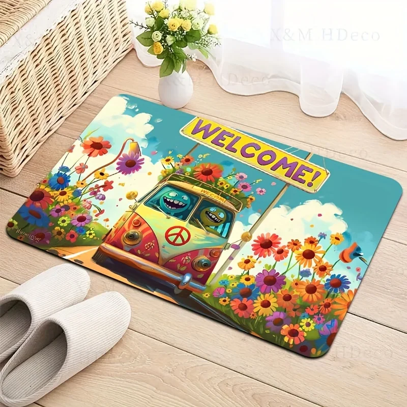 

Charming Accent, Welcome Cartoon Bus Non-Slip Floor Mat - for Laundry Room, Bathroom, Kitchen, Living Room & Bedroom Decor