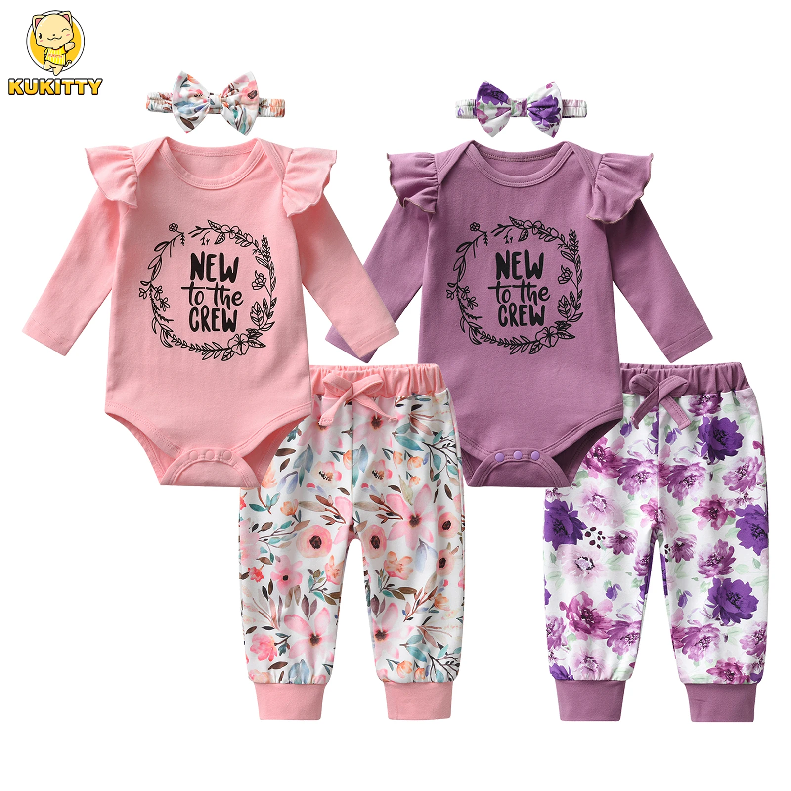 Cute Newborn infant Baby Girl 3pc Clothes Set Cotton Letter Print Long Sleeve Bodysuit Top and Floral Pants Headband Outfit