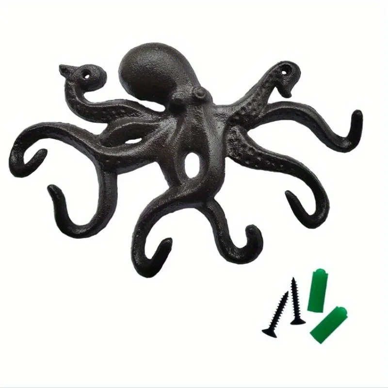 Octopus Key Holder for Wall Cast Iron Hooks Decorative Rustic Towel Wall Mounted Heavy Duty Coat with 6 Tentacles for Keys