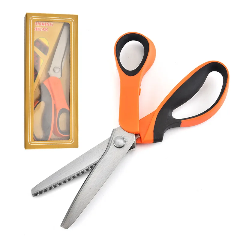 3CR13 Steel Household Tailor Scissors PP TPR Handle Serrated Wolf Tooth Scissors Orange Cloth Lace Shear Hand Tools Wholesale