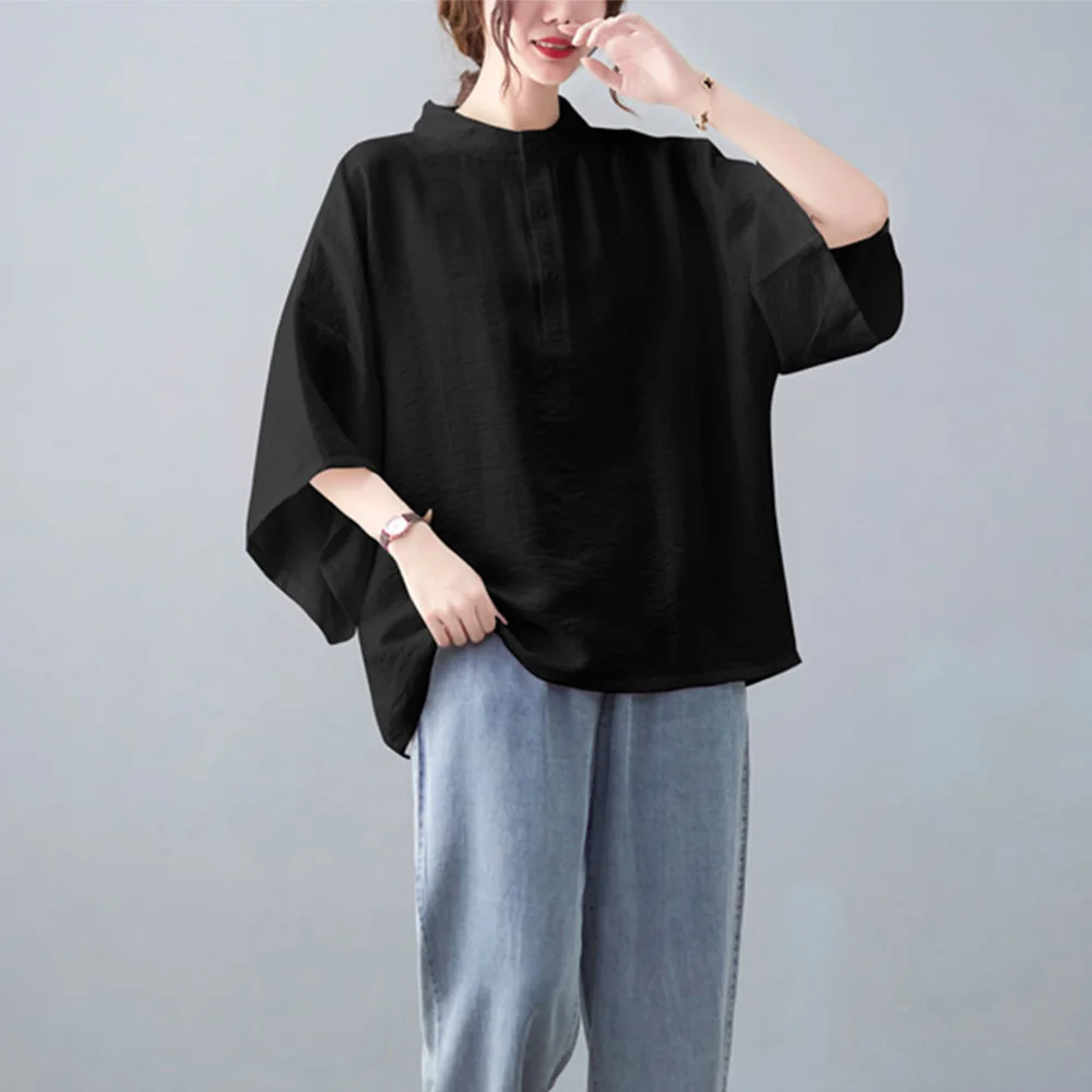 Camisa holgada de algodón y lino de manga corta con cuello alto, estilo coreano, talla grande, para mujer, nueva moda de vera...