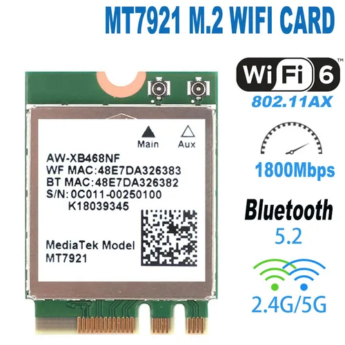 Imagen 1 del producto MT7921 Wi-Fi 6 1800M Bluetooth 5.2 2.4G 5G NGFF M.2 Tarjeta de red Wifi inalámbrica compatible con Win10 / 11