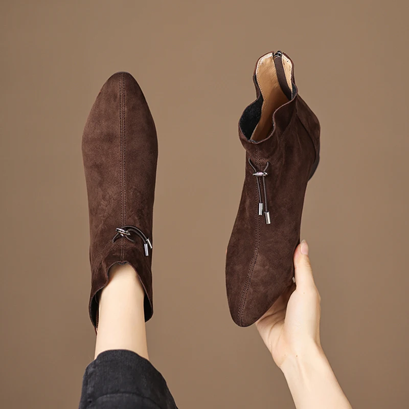 2026 new autumn winter women ankle boots natural leather 22-25cm kid suede pointed toe back zip lace-up short boots fashion