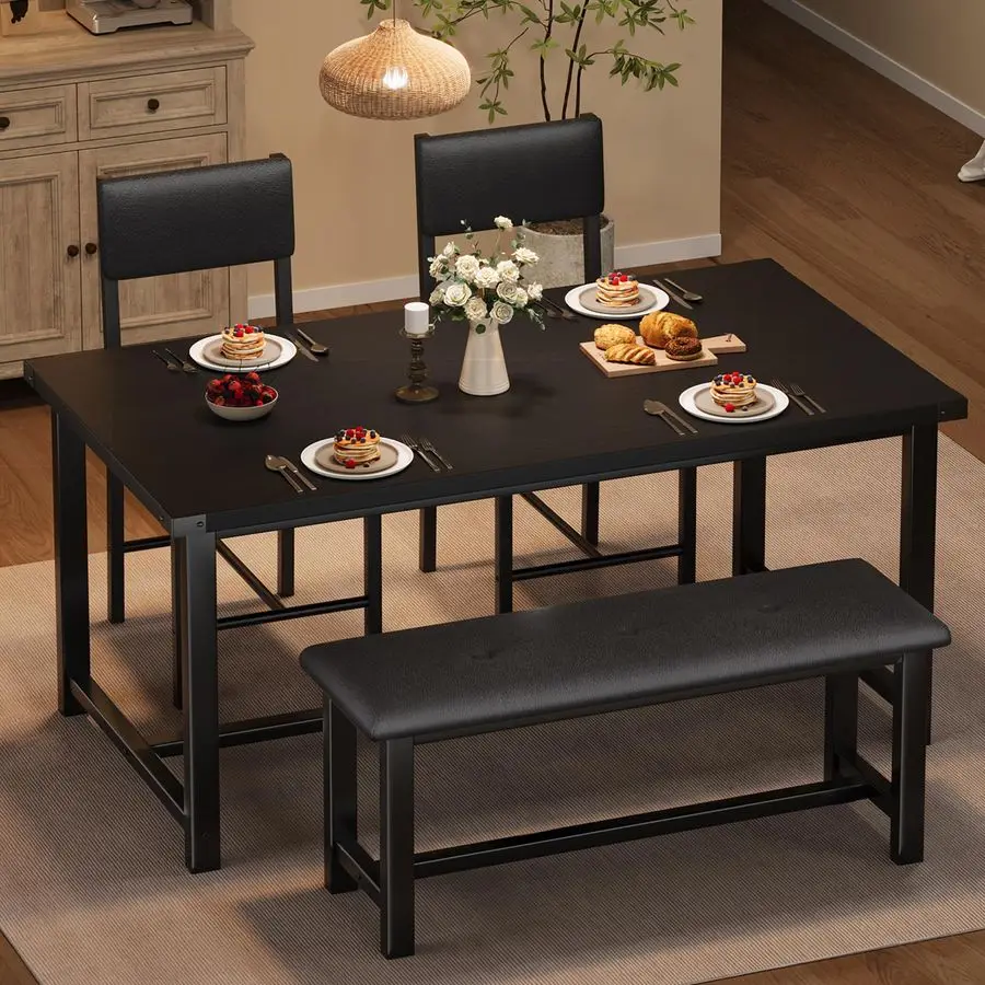 Conjunto de mesa de jantar de madeira para 4, mesa de cozinha e 2 cadeiras estofadas com banco, conjunto de sala de jantar retangular, para espaços pequenos,