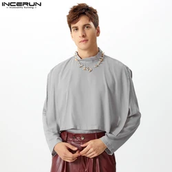 INCERUN Tops 2024 American Style Men's Fashion Fake Two-piece Stacked Design Shirts Casual Simple Male Solid Long Sleeved Blouse