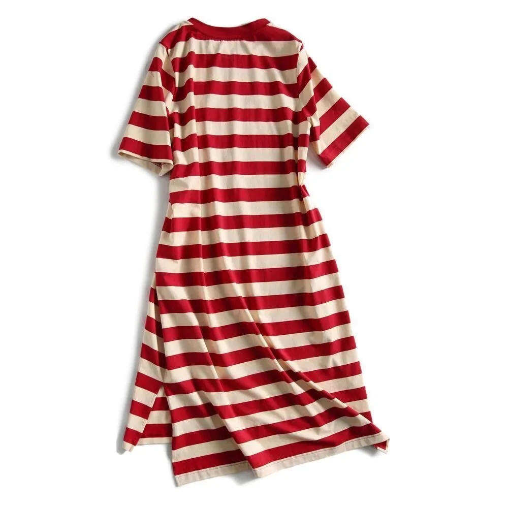 Summer Loose Striped Printed T-shirt Dress Women's Korean Version Medium And Long Short-sleeved Skirt