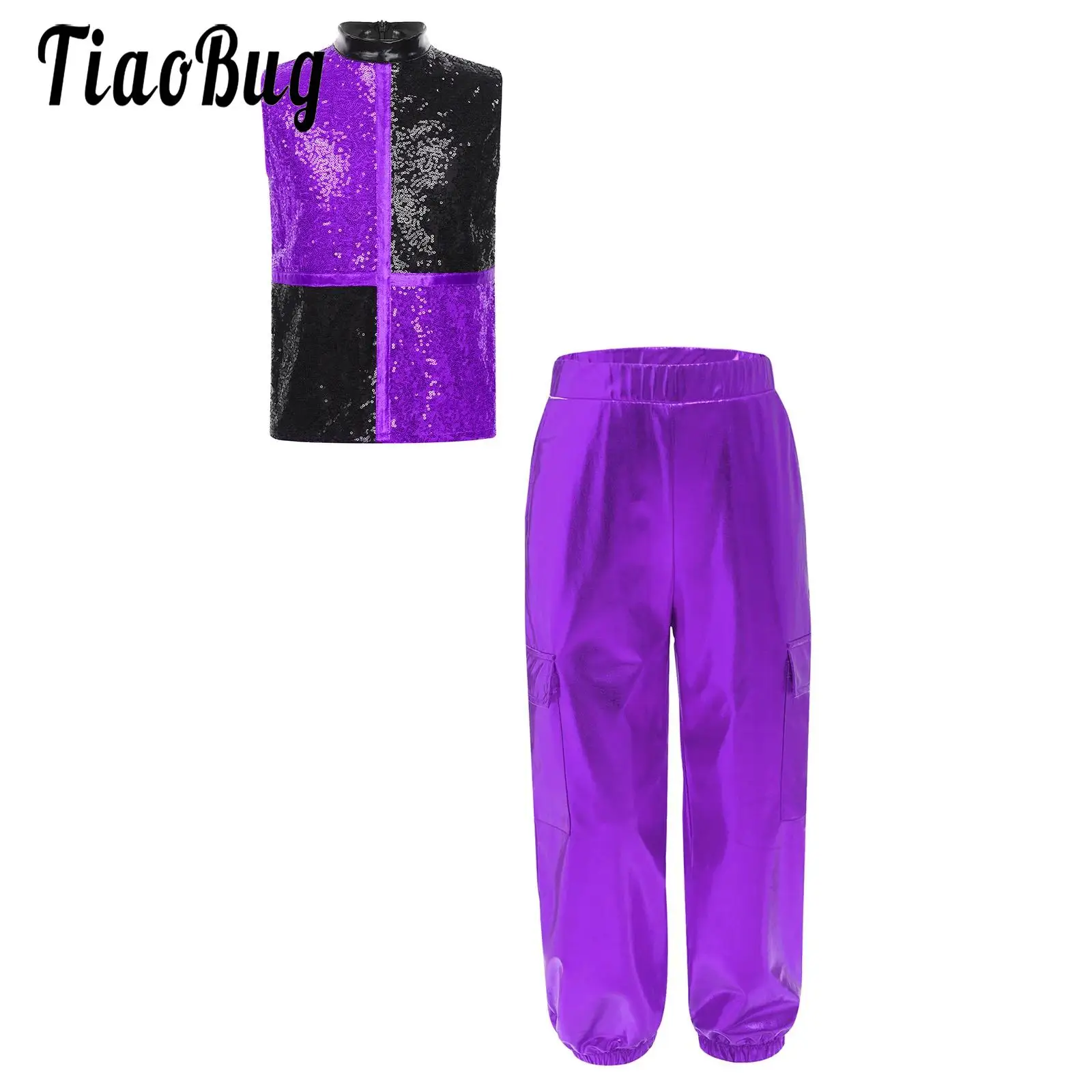 Metallische Street-Modern-Tanzkostüme für Kinder und Jungen, Tanz-Jazz-Hip-Hop-Outfit, ärmellose Weste mit Pailletten und Reißverschluss und glänzende Cargohose