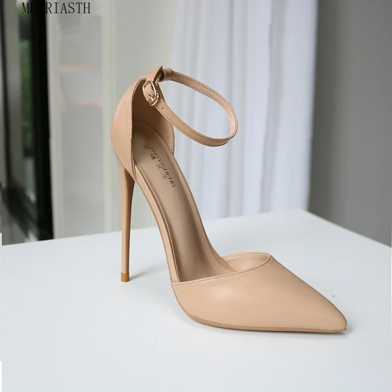 Meariasth polos Nude wanita Matte tali pergelangan kaki ujung runcing Stiletto pompa elegan D'Orsay gaun hak tinggi sepatu 8cm 10cm 12cm