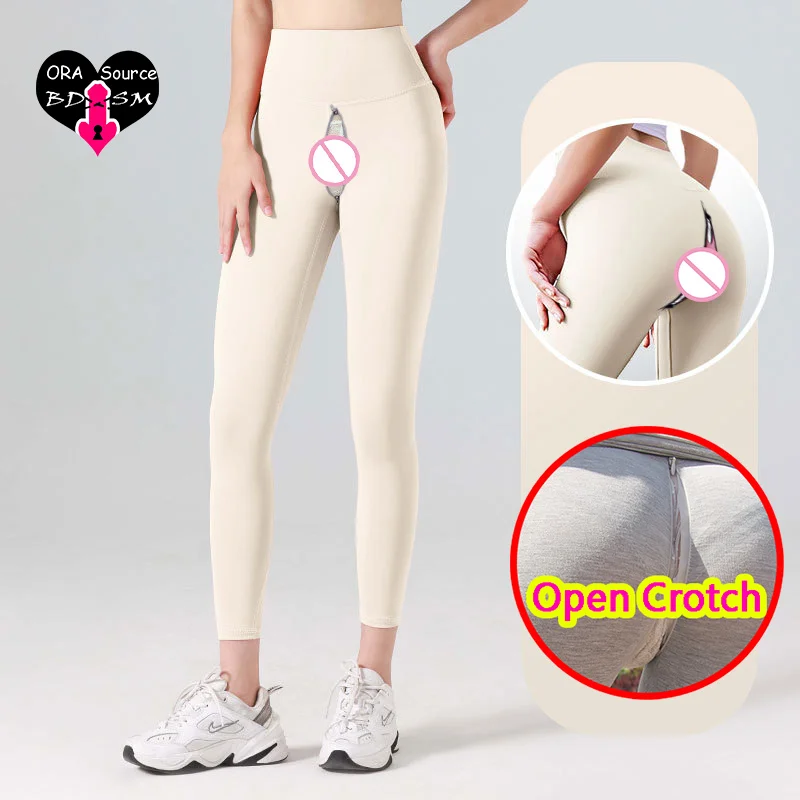 Woman Skinny Sexy Open Crotch Pants Leggings Couple Outdoor Sex Crotchless Panties Booty Lifting Elastic Hidden Zipper Trousers