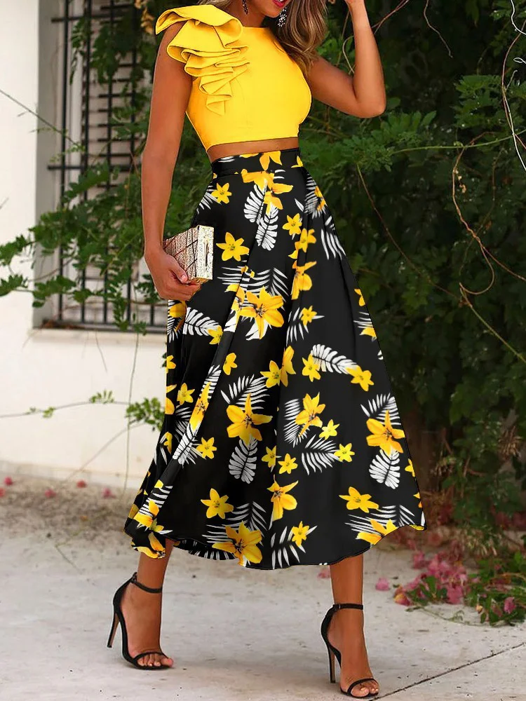 Elegant Office Lady Retro Printed Skirts Suit Women Ruffles Sleevless Tops Two Piece Set 2022 Summer Femme Prairie Chic Outfits