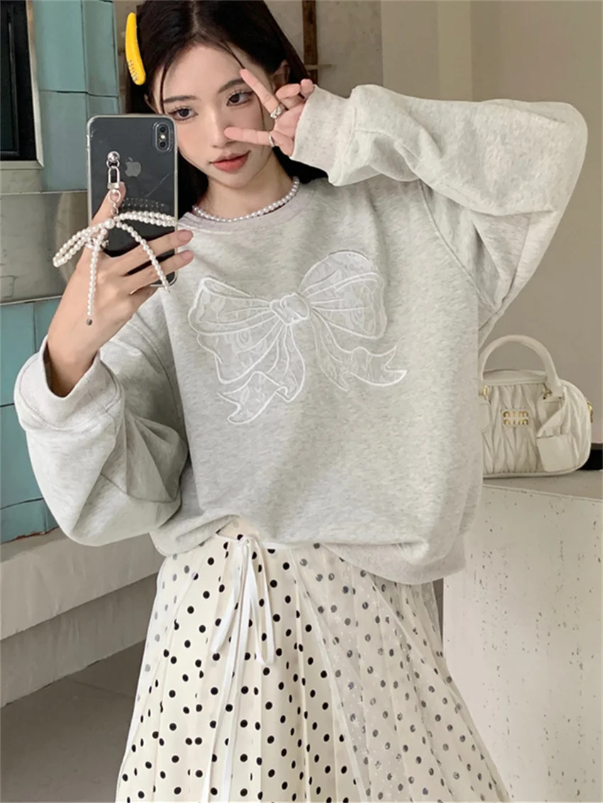 Alien Kitty Oversize Sweatshirts Women Grey Chic Casual New All Match 2024 Polka Dots Maxi Skirts Daily Office Lady Spring