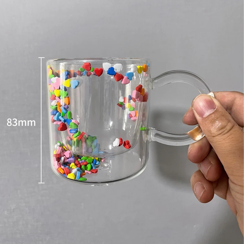 Holaroom Multicolor Heart Shaped Quicksand Cup Creative  Coffee Mug Milk Tea Juice Cup Double Layer GlassWater Drinkware Glass