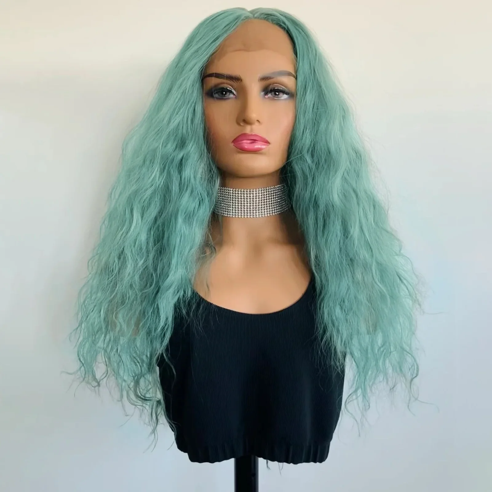 Mint Green Long Curly Wavy Synthetic Lace Front Wigs for Women Middle Part Natural Water Wave Heat Resistant Fiber Daily Party
