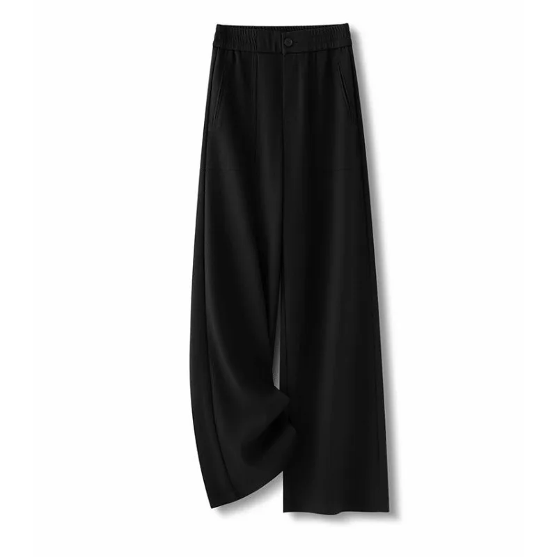 Women High Waist Wide Leg Casual Pants Loose Straight Nine Quarter Length Draped Office Trousers
