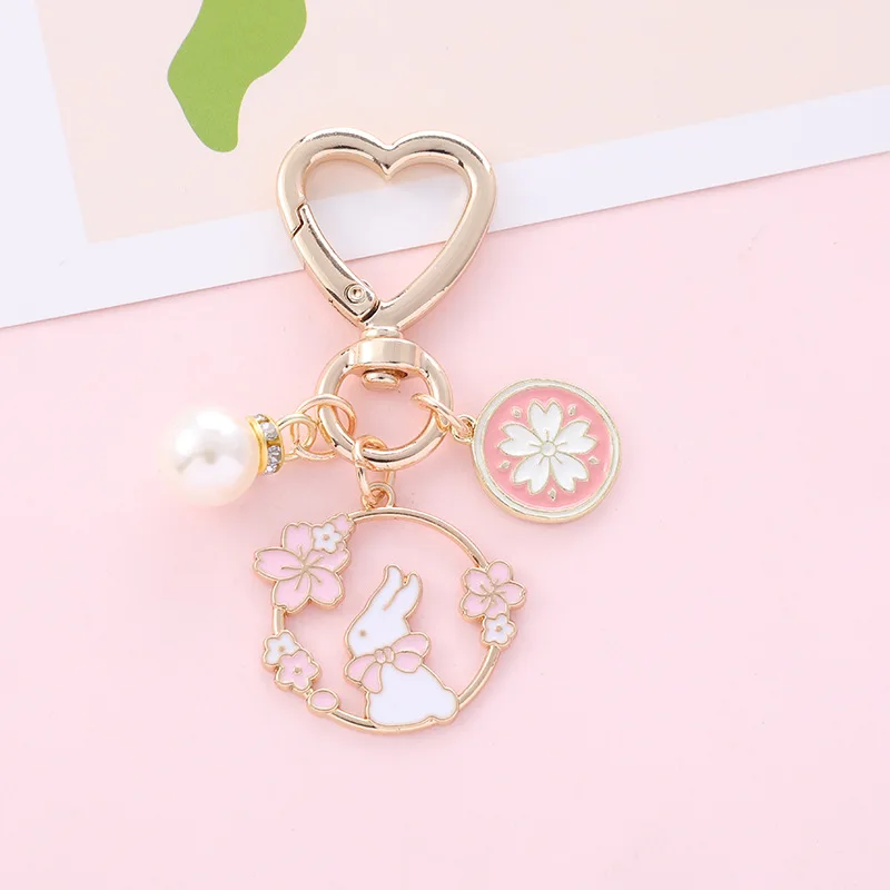 Sweet Pink Cherry Blossom Fan Rabbit Ribbon Pearl Keychain Women