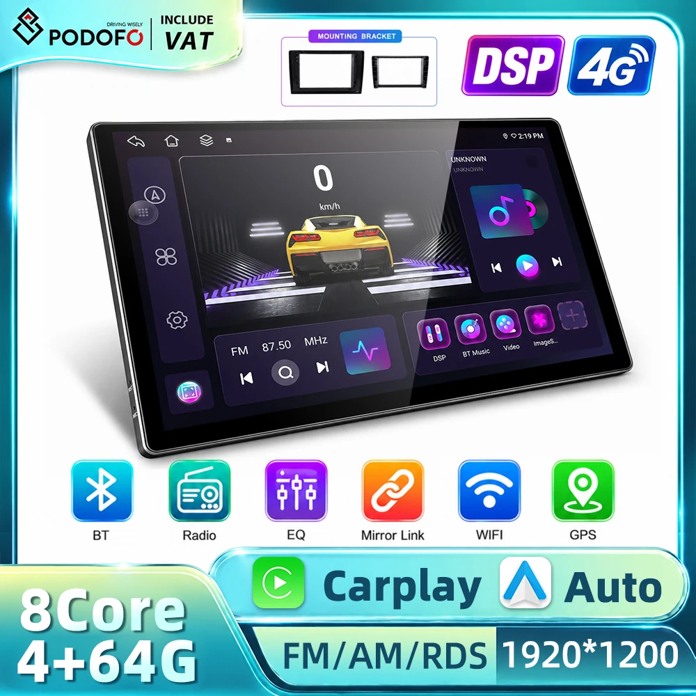 Podofo 2 Din 13-calowy 8-rdzeniowy radioodtwarzacz z systemem Android Auto, ekran dotykowy 2K, bezprzewodowy Carplay, Android Auto, Mirror Link, radio samochodowe, DSP, GPS, WIFI, 4G, BT, wbudowane