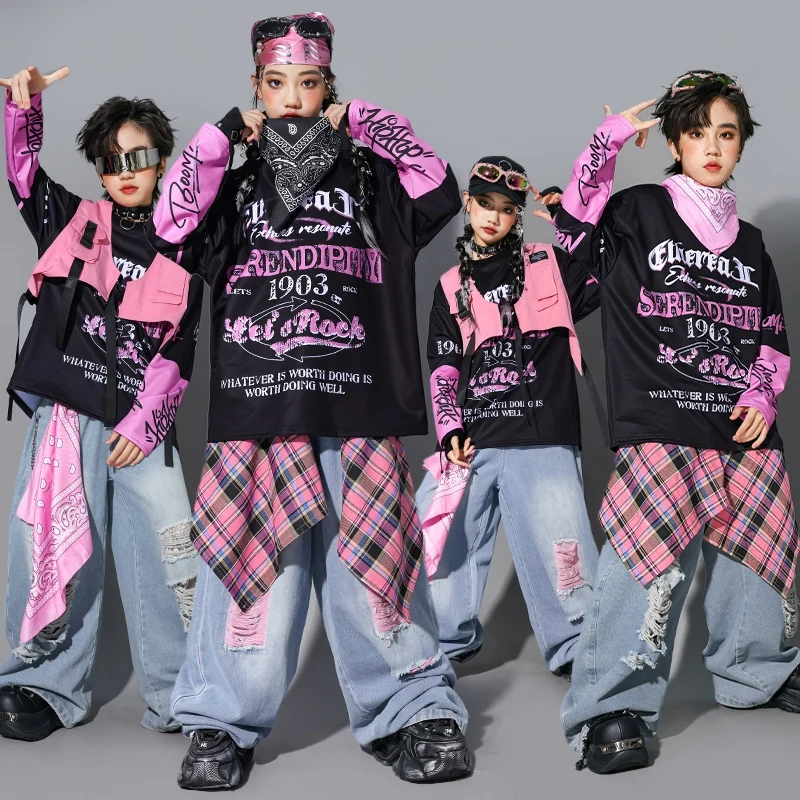 

Детская танцевальная одежда в стиле хип-хоп, сценический костюм Kpop, розовый, черный топ, джинсовые брюки-пуши, костюм для джазовых танцев для девочек и мальчиков 2651